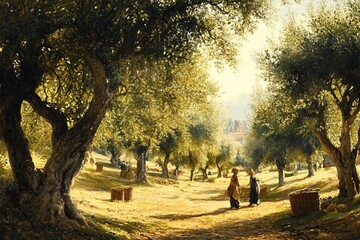 Women working in sunny olive grove harvesting olives with baskets