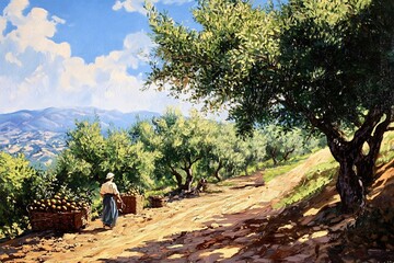 Wall Mural - Woman farmer walking back home with baskets full of olives after harvest in tuscany