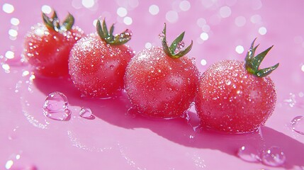 Poster -   Three strawberries resting on a pink background with water droplets