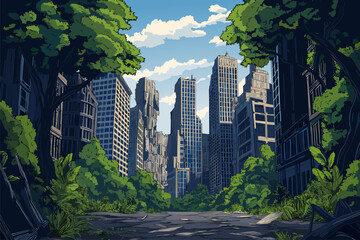 Sticker - Abandoned city with skyscrapers. Huge trees cover walls of destroyed big city hight buildings. Damage, destruction, end of the world concept. Post-apocalyptic wasteland game background. Cartoon style