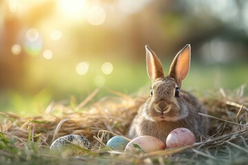 Cute little rabbit with easter eggs on hay. Easter background