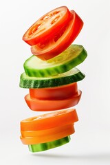 Wall Mural - Slices of tomato, cucumber and pepper on white background