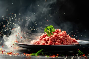 Minced meat in a bowl on a dark background.