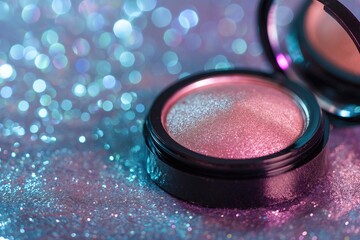 Eyeshadow palette on glitter background, make-up and cosmetics product purple and blue