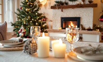 Wall Mural - a table set for a holiday dinner with a lit christmas tree in the background