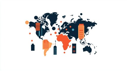 Global nodes of connection, simple synergy symbols, futuristic world map, flat design illustration