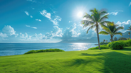 golf course on tropical island with palm trees on california coast 