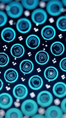 Wall Mural - texture with many small, digital spinning blue circles and moving dots on dark blue background. clos