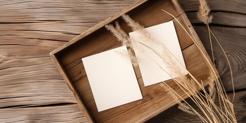 A wooden tray with two white pieces of paper on it and some dried grass