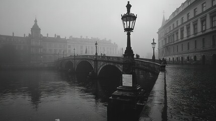 Sticker -   A black-and-white image depicts a bridge crossing a body of water in the background, with a lamppost positioned prominently in the foreground