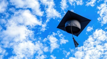 Celebrate academic success with graduation caps floating in the blue sky.