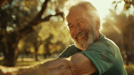 Wall Mural - A close-up photograph of an older man smiling while stretching his arms, set in a park, sunlight filtering