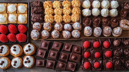 Poster -   A variety of desserts & pastries displayed on a wooden table including chocolates & raspberries