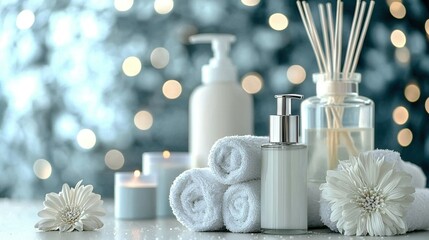 Poster -  A clean white table holds a full bottle of lotion surrounded by numerous white towels