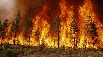 Wildfire engulfs a forest during dry season with intense flames and smoke