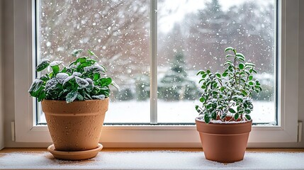 Sticker -   Two potted plants rest on a window sill, framing the snow-covered window and winter landscape beyond