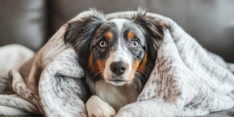 Wall Mural - A dog is laying on a couch with a blanket over it. The dog has a white face and brown and black fur