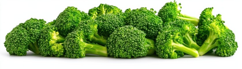 Wall Mural - Fresh green broccoli florets arranged in a row on a white background. Perfect for healthy eating and nutrition concepts.