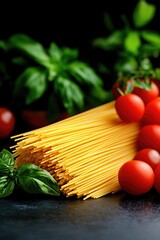 Wall Mural - Fresh uncooked spaghetti with ripe cherry tomatoes and basil leaves on a dark background showcasing vibrant ingredients for an Italian dish.