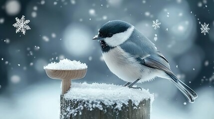 Sticker -   A bird perched atop a wooden post amidst falling snowflakes, its plumage appearing blue and white against the pristine white backdrop