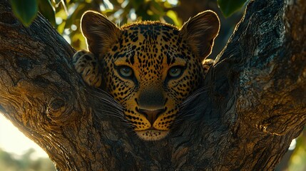 Canvas Print -   A leopard peeks out from a leafy branch, surrounded by the cover of foliage