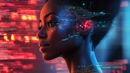 Wall Mural - A woman's face is shown with a lot of computerized elements