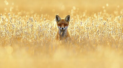 Poster -   A fox in a tall grass field, alert and facing the camera