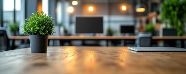 Wall Mural - modern open office space featuring a wooden desk with a small potted plant, computer screens in the 