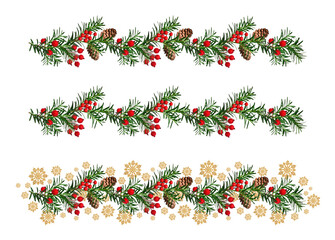 Wall Mural - set of christmas festive garlands of coniferous branches. the garlands are decorated with cones, art