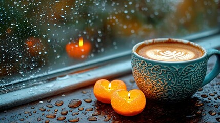 Poster -   A coffee cup on a rain-splattered window sill, accompanied by two vibrant oranges