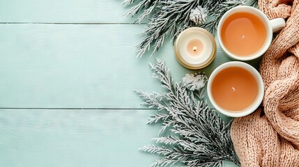 Poster -  A serene setting featuring a wooden surface in hues of blue, with two cups of tea placed beside a cozy scarf and a flickering candle A rustic