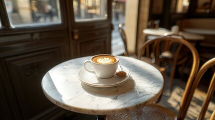   A cappuccino cup rests on a table amidst cafe chairs and tables