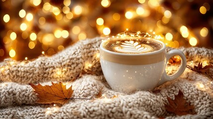 Poster -   A cup of cappuccino perched atop a cozy blanket adjacent to a festive Christmas tree