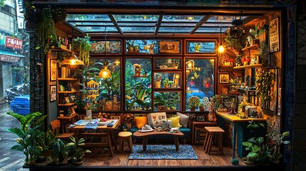 Poster -   A cozy living room brimming with lush greenery and an array of diverse plant shelves