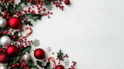 Wall Mural -   White background, red & silver ornaments, holly berry border with candy cane accents