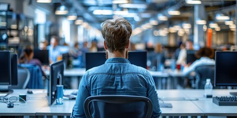 Wall Mural - A busy modern open-plan office environment with focused employees working at their desks, featuring bright lighting and a collaborative atmosphere