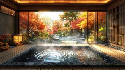 Inviting indoor onsen with hot mineral water and an autumn garden view.