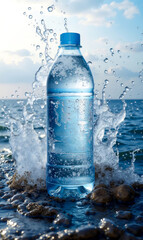 A bottle of water splashing out of the water on the beach