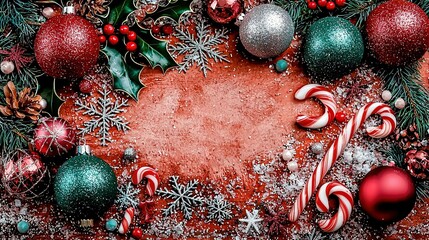 Sticker -   A festive Christmas frame adorned with red and green backgrounds, featuring candy canes, decorations, and more