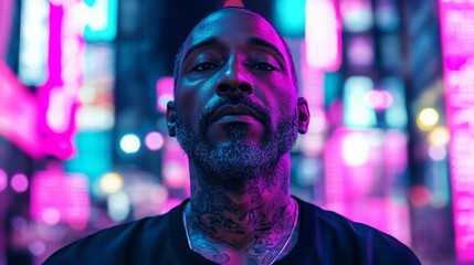 A man with a beard and tattoos is standing in front of a neon sign