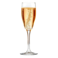 a tall, clear glass champagne flute filled with bubbly, golden sparkling wine sits on a white backgr