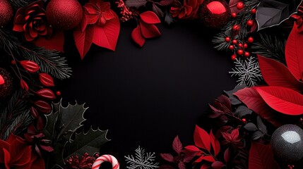 Wall Mural -   Red-black Christmas backdrop featuring holly, mist, candy canes, holly balls, and candy canes