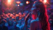 © I Am The Future - Young woman passionately speaking into a microphone at a busy public event, with an engaged audience and bright stage lighting in the background.