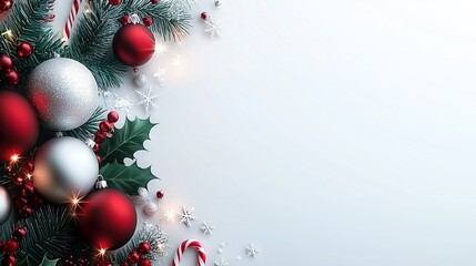 Wall Mural -   A white Christmas background adorned with red and silver baubles, holly, and candy canes