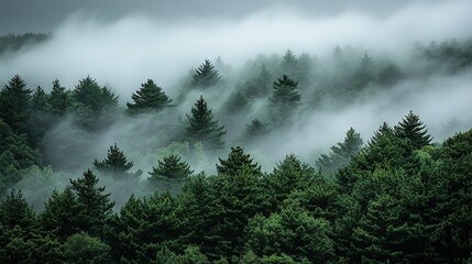 Canvas Print -   A dense woodland abounding in verdant foliage under a cloak of hazy mist and distant misty clouds