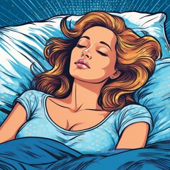 Deep sleep of person in bed. Girl or woman asleep, lying on soft pillow under duvet. Teenager sleeper in sleepwear relaxing, dreaming at night. Comic book cartoon illustration