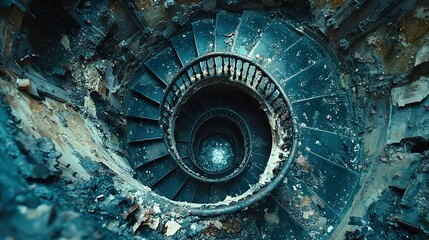 Poster -   An aerial view of a spiral staircase in an old building with peeling paint on the walls and rust on the floor