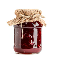 Wall Mural - A glass jar of homemade red berry jam with a burlap lid and twine tied around it.