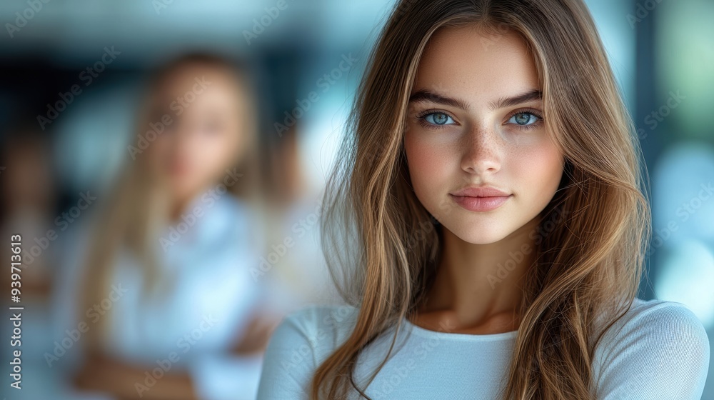 A young woman with long brown hair and blue eyes stares confidently at ...