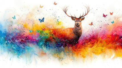 Wall Mural -  Deer with Butterfly Head and Colorful Splatters